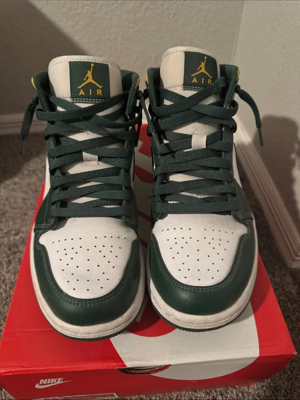 Jordan Men's High-Top Sneakers in Green, White, and Gold